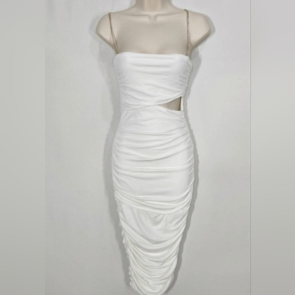 Nookie Tia Midi Dress White Strapless Ruched Gold Chain Cutout‎ Size S - Picture 3 of 9